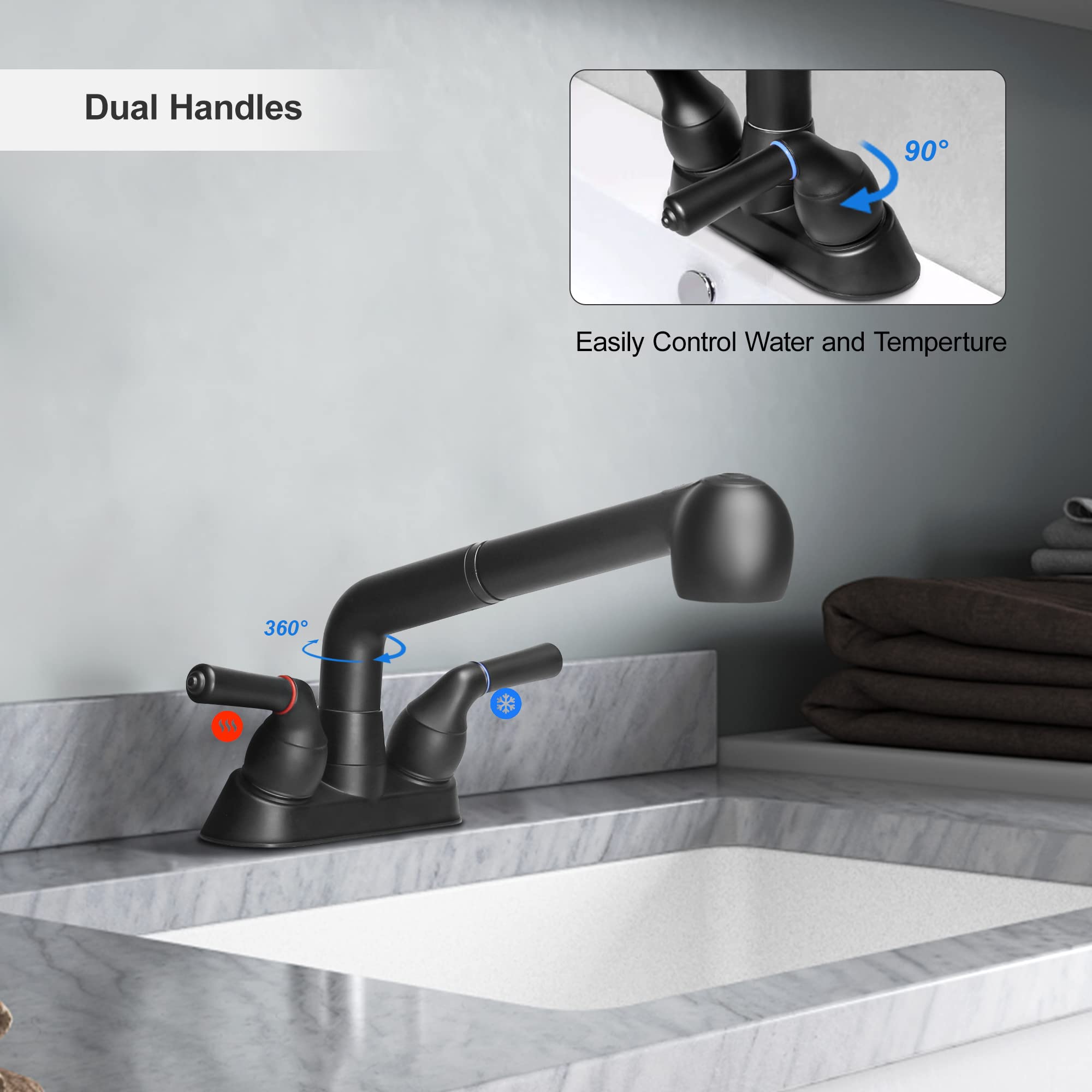 Utility Sink Faucet, Laundry Room Faucet With Pull Out Sprayer, Laundry Tub Abs Plastic Faucet, 4 Inch Centerset 3 Holes Install