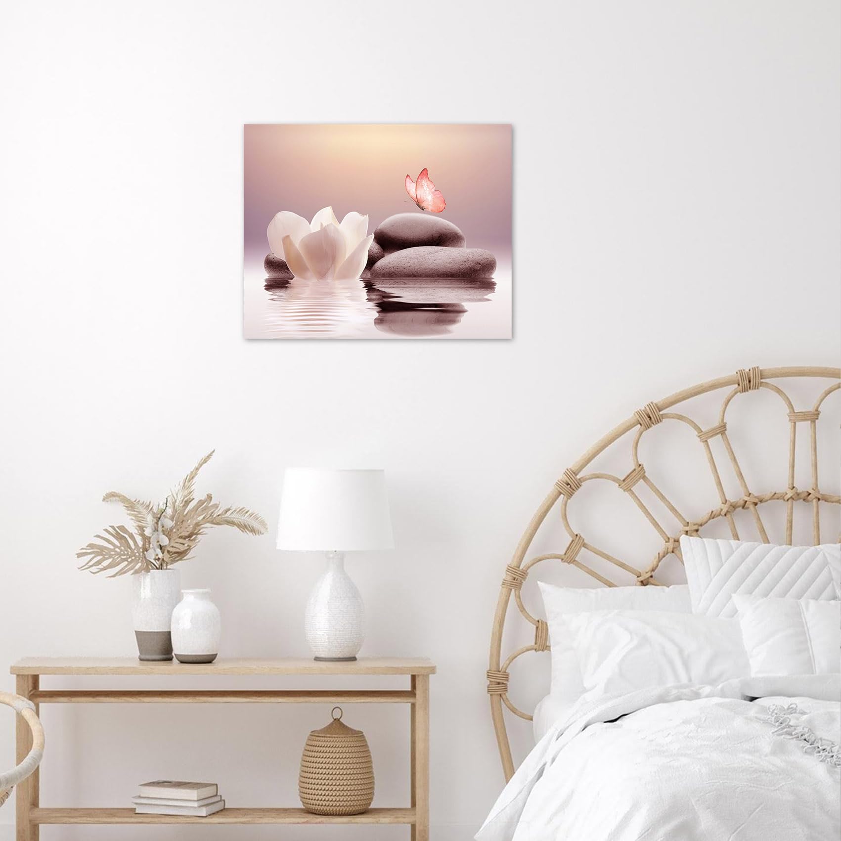 Eobtain Zen Water Lily Canvas Wall Art White Floral And Pink Butterfly On Stone Bedroom Wall Decor Modern Spiritual Yoga Spa Pai