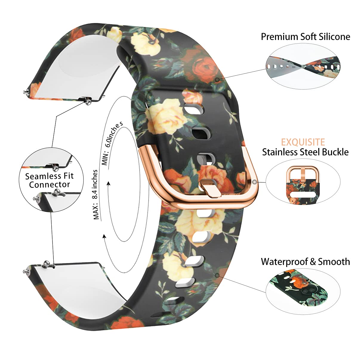 Toolaik Floral Bands Compatible With Samsung Active 2 Watch Band 40Mm 44Mm,Active Watch Band 40Mm,20Mm Silicone Watch Bands For