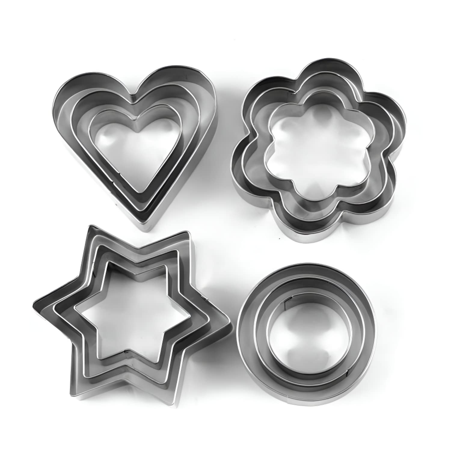 12 Stainless Steel Shapes Including Round, Heart, Star, and Flower for Baking Biscuits and Mini Molds