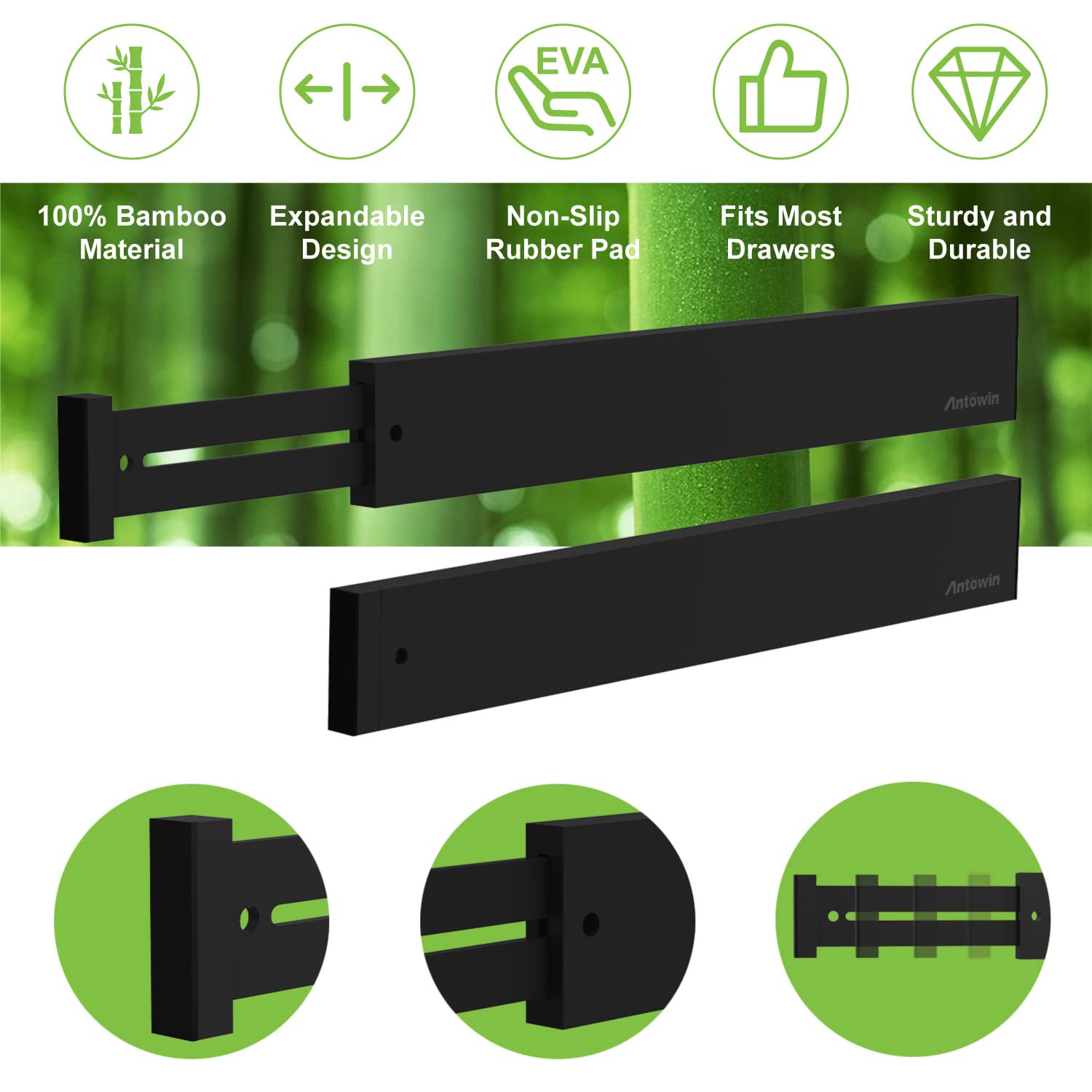 ANTOWIN 10pack Bamboo Drawer Dividers, Expandable Drawer Separators Splitter, 17-22 inches Adjustable Spring-loaded Organizer fo