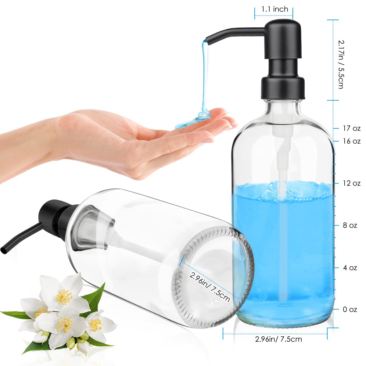 Arktek 2 Pack Glass Soap Dispenser - Clear Dish Soap Dispenser For Kitchen, Refillable Liquid Hand Soap Dispenser With Rust Proo