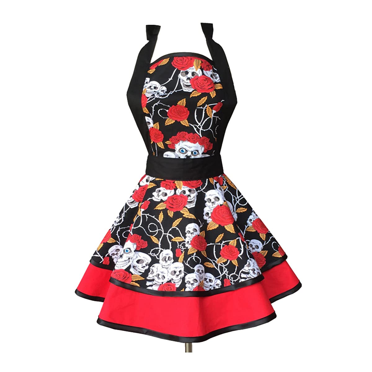 Hyzrz Halloween Costume Skull Skeleton Bones Featured Retro Aprons For Women Girls Cake Kitchen Cook Apron (Skull Head)