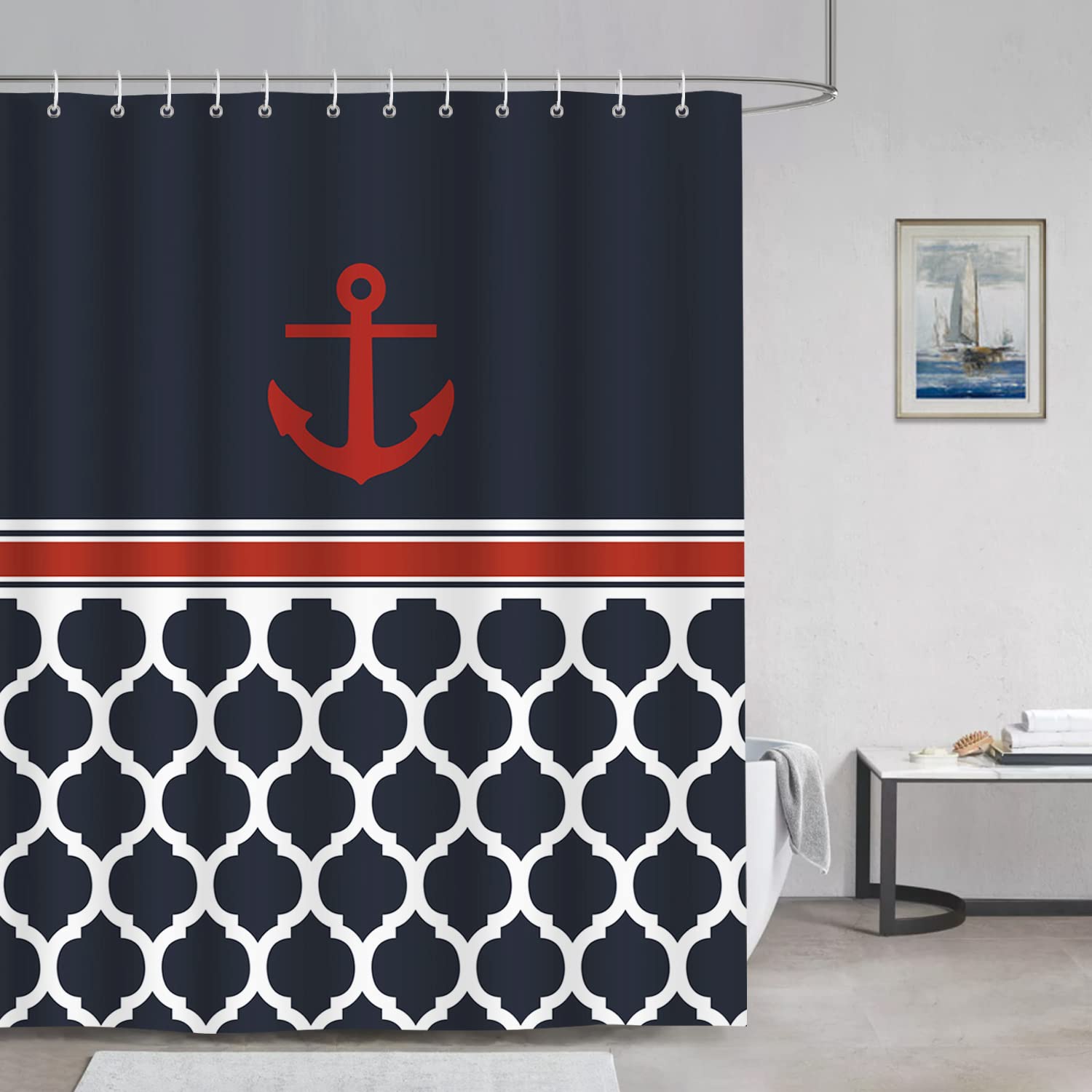 Bonhause Nautical Anchor Shower Curtain With 12 Hooks Navy Blue Geometric Decorative Bath Curtain 72 X 72 Inch Polyester Fabric