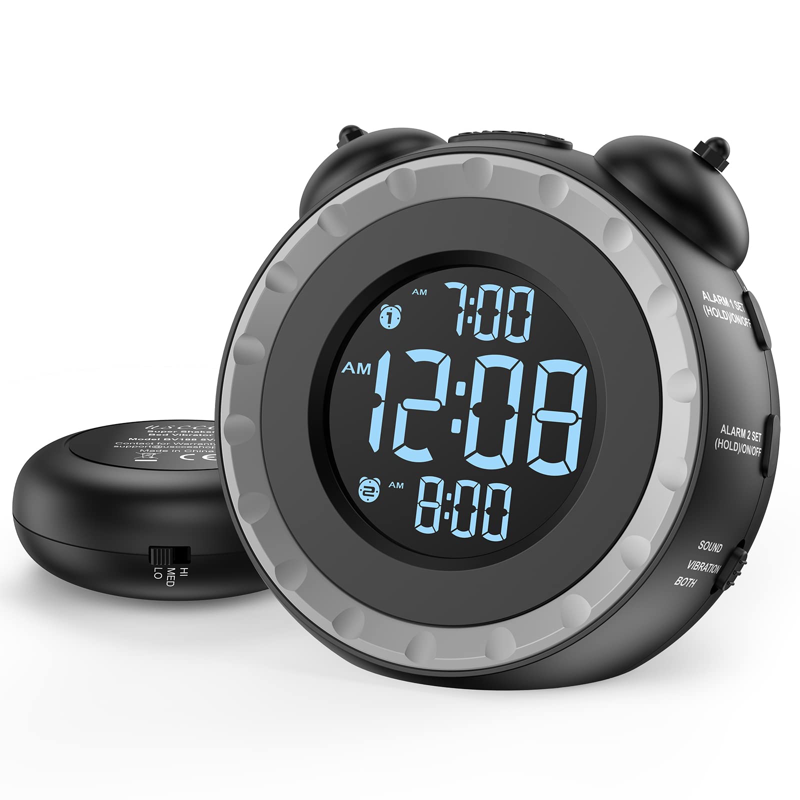 uscce Loud Dual Alarm Clock with Bed Shaker - 0-100% Dimmer, Vibrating Alarm Clock for Heavy Sleepers or Hearing Impaired, Easy 