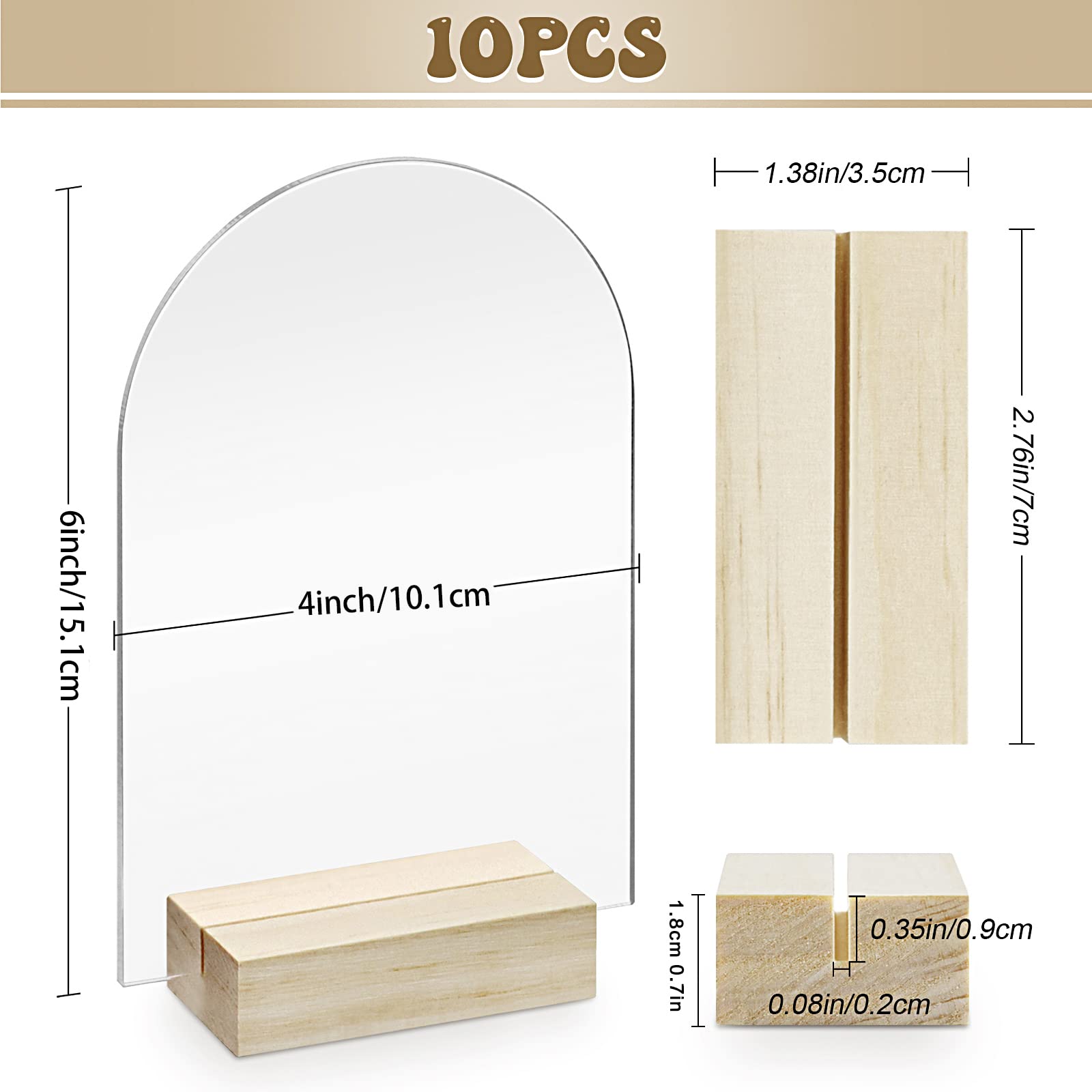 Bercoor 10 Pack 4X6 Inch Blank Clear Arch Acrylic Sign With Wooden Stands, Arched Round Top Acrylic Sheet, Diy Acrylic Arch Tabl