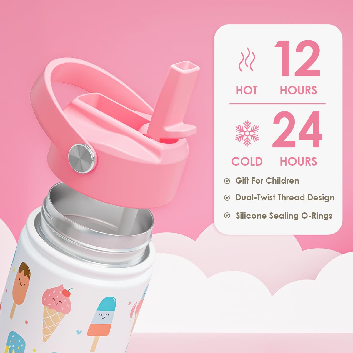 Ice Cream Kids Water Bottle With Straw Lid 12oz Insulated Stainless Steel, Travel Tumbler, Gifts For Girls, Birthday, Christmas,