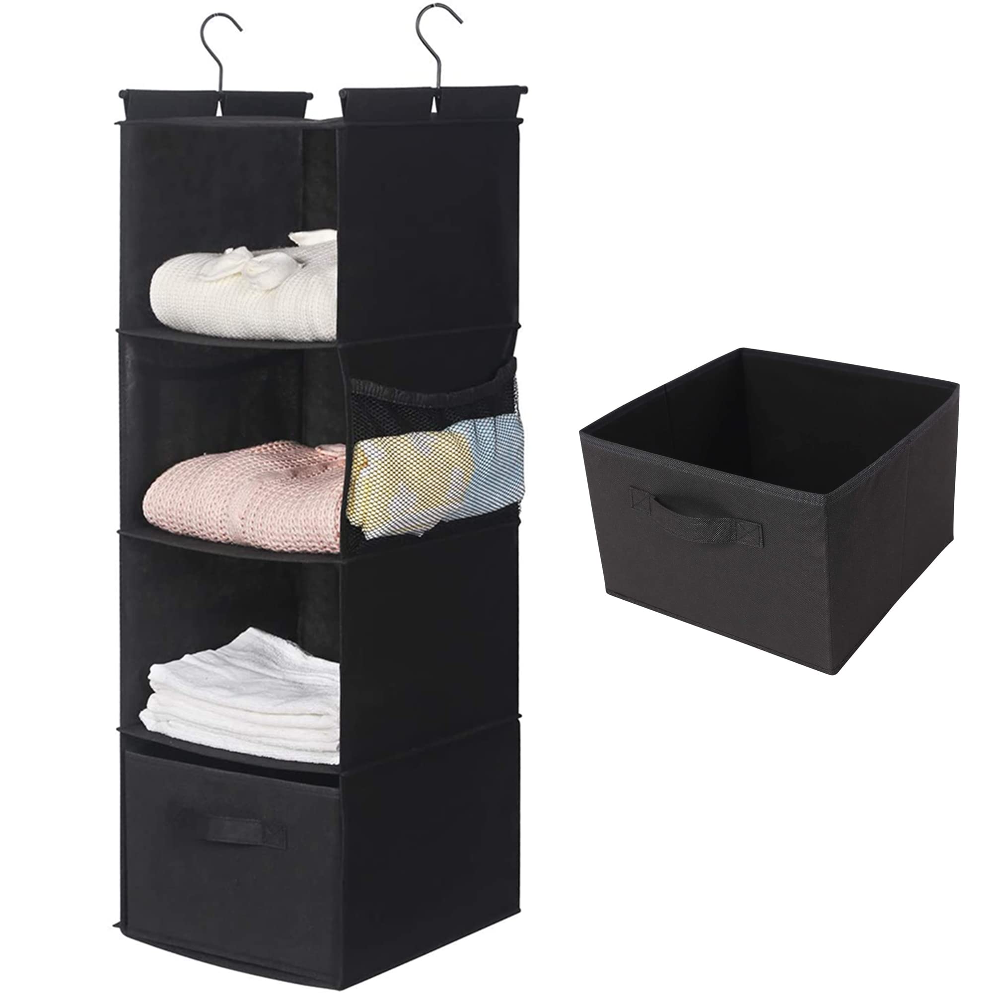 MAX Houser 4-Shelf Hanging Closet Organizer  Space Saver  Cloth Hanging Shelves with 2 Side Pockets  Foldable (Black)