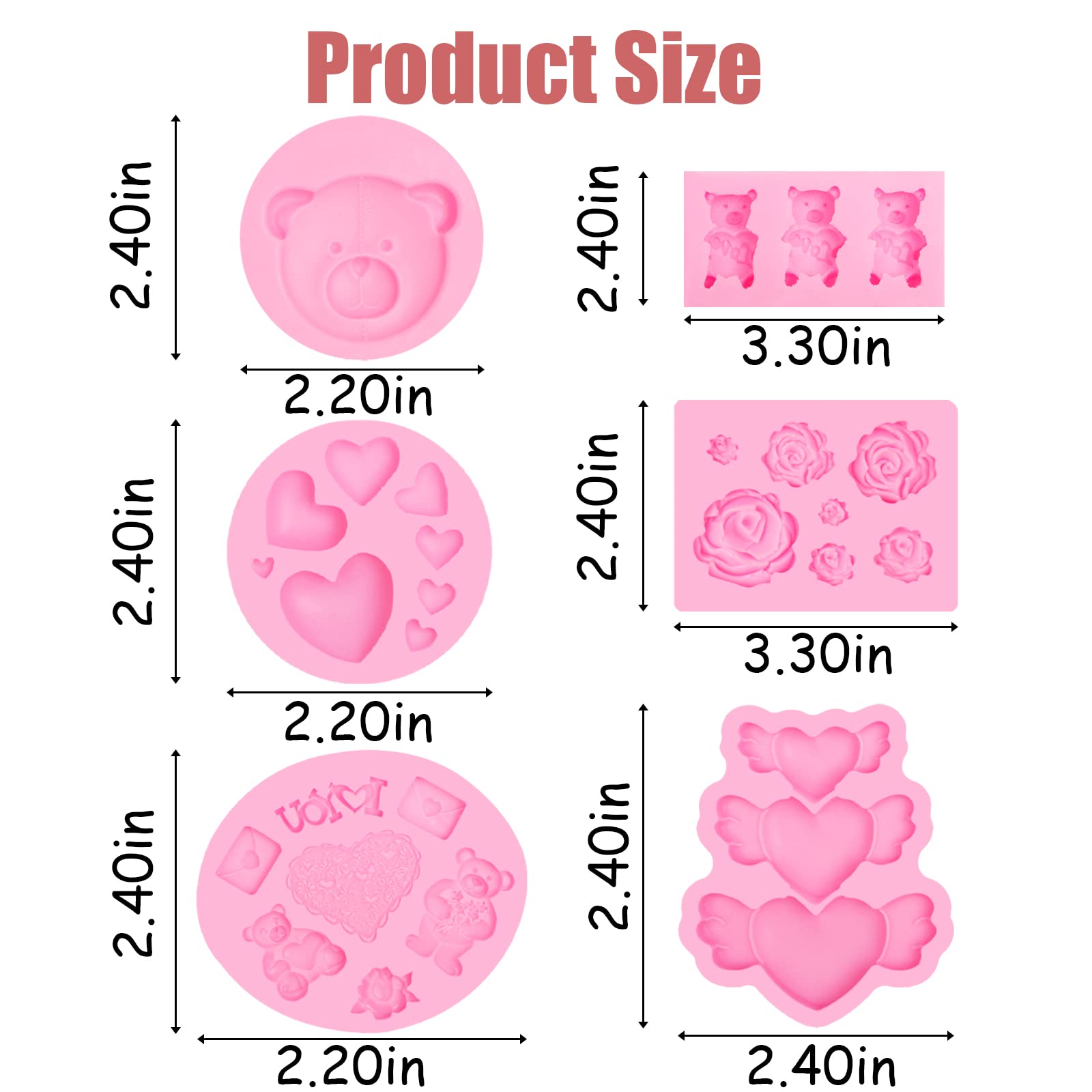 Bear Chocolate Silicone Molds 6 Pcs, Love Flowers Teddy Bear Head Fondant Molds For Valentine'S Day Cake Decoration Candy Sugar