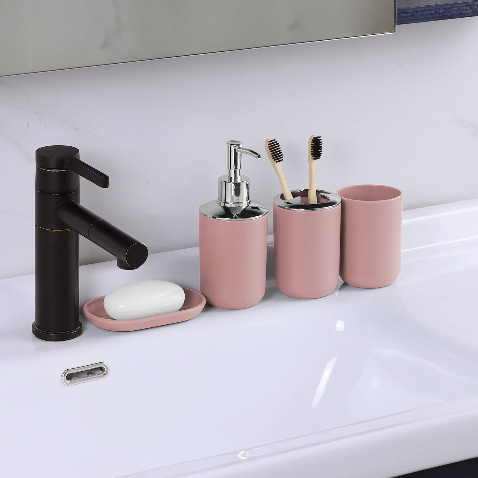 7 Piece Pink Bathroom Set,Soap Dispenser,Toilet Brush,Trash Can & D  cor Tray,Complete Accessories for Bathroom Organization & H