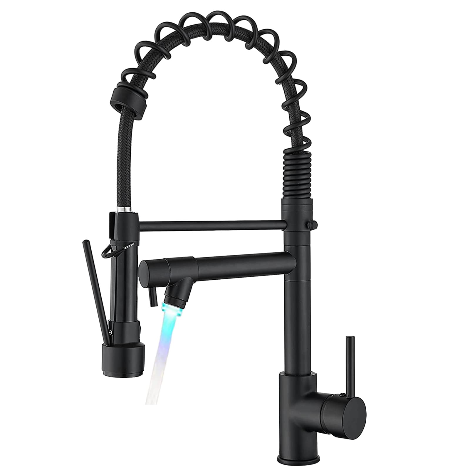 BESy 20 Inch Black Kitchen Faucet with Pull Down Sprayer, Dual Morden Commercial Rv Single Handle Single Hole Double Spout LED S
