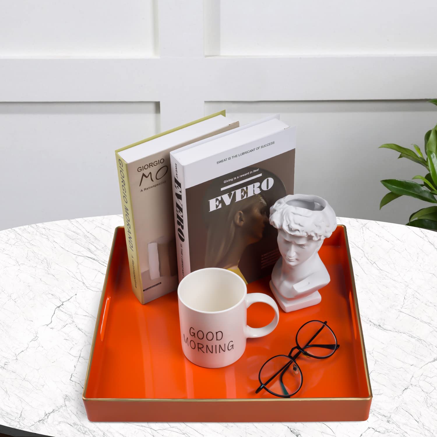 MAONAME Decorative Tray  Orange Serving Tray with Handles  Coffee Table Tray  Square Plastic Tray for Ottoman  Bathroom  Kitchen  13''x13''x1.57''