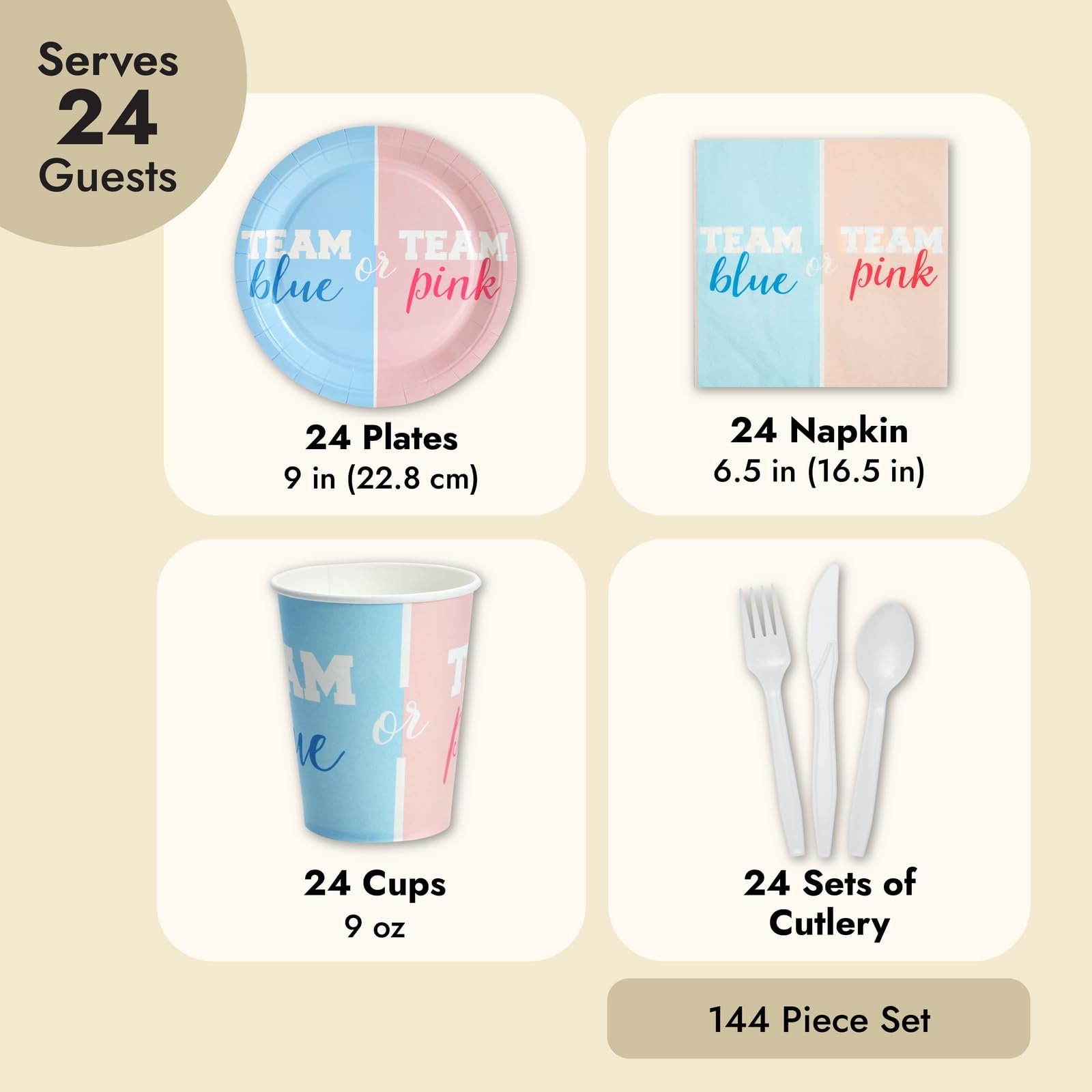 BLUE PANDA Paper Gender Reveal Tableware Set - Team Boy & Team Girl Tableware - Party Supply for 24 Guests - Durable Gender Reve