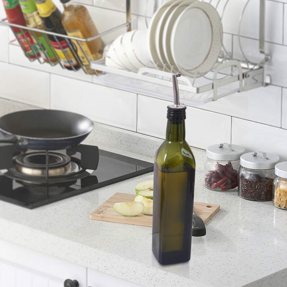 Newk Olive Oil Bottle  17oz  500 ml glasses Oil & Vinegar cruet with Pourers + Funnel  Olive Oil Dispensing cruets  Decanter  carafe for Kitchen - green