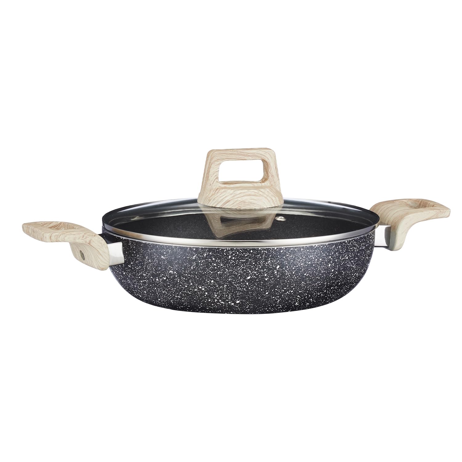 Amazon Brand - Solimo 24 Cm Non-Stick Kadai With Lid | Granite Stone Deep Frying Pan | Induction & Gas Compatible | Metal Spoon 