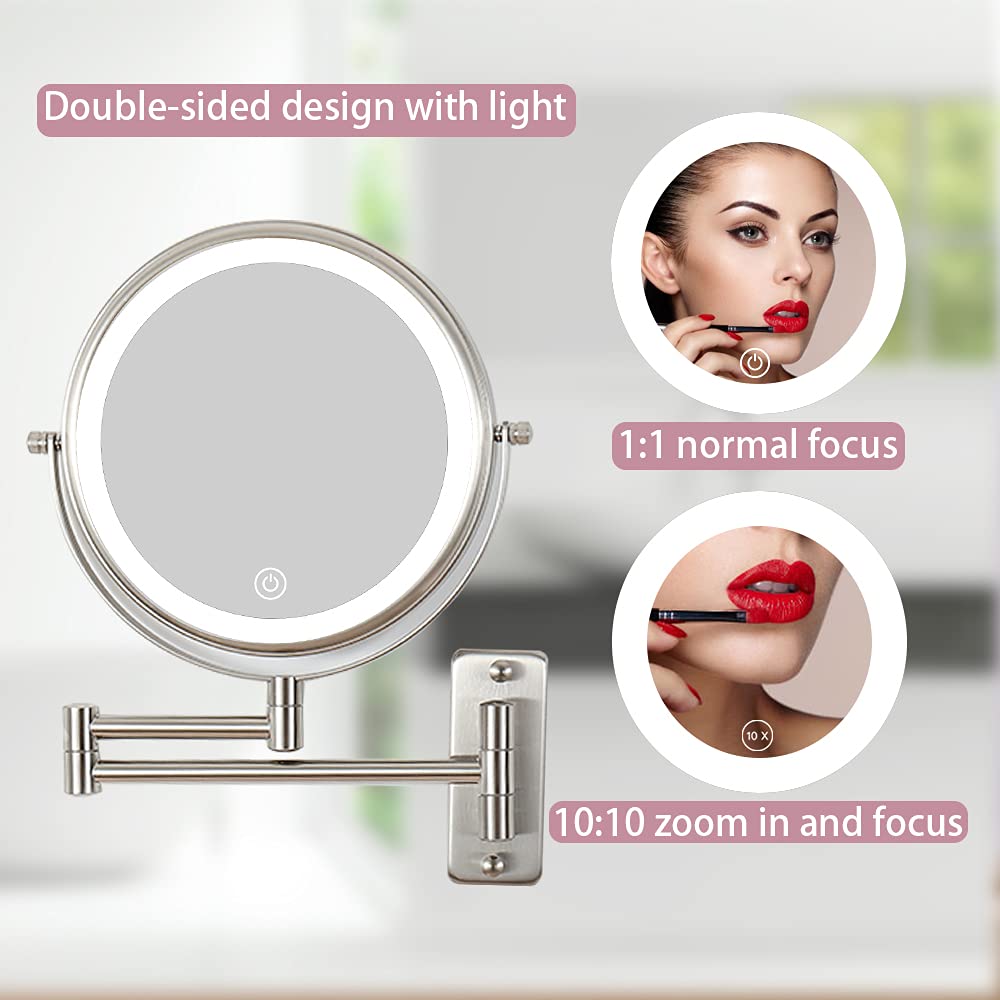 Lansi Rechargeable Lighted Makeup Mirror, 10X Magnifying Mirror, 3 Color Lights, Touch Screen Dimming, 360 Extendable Arm Wall M