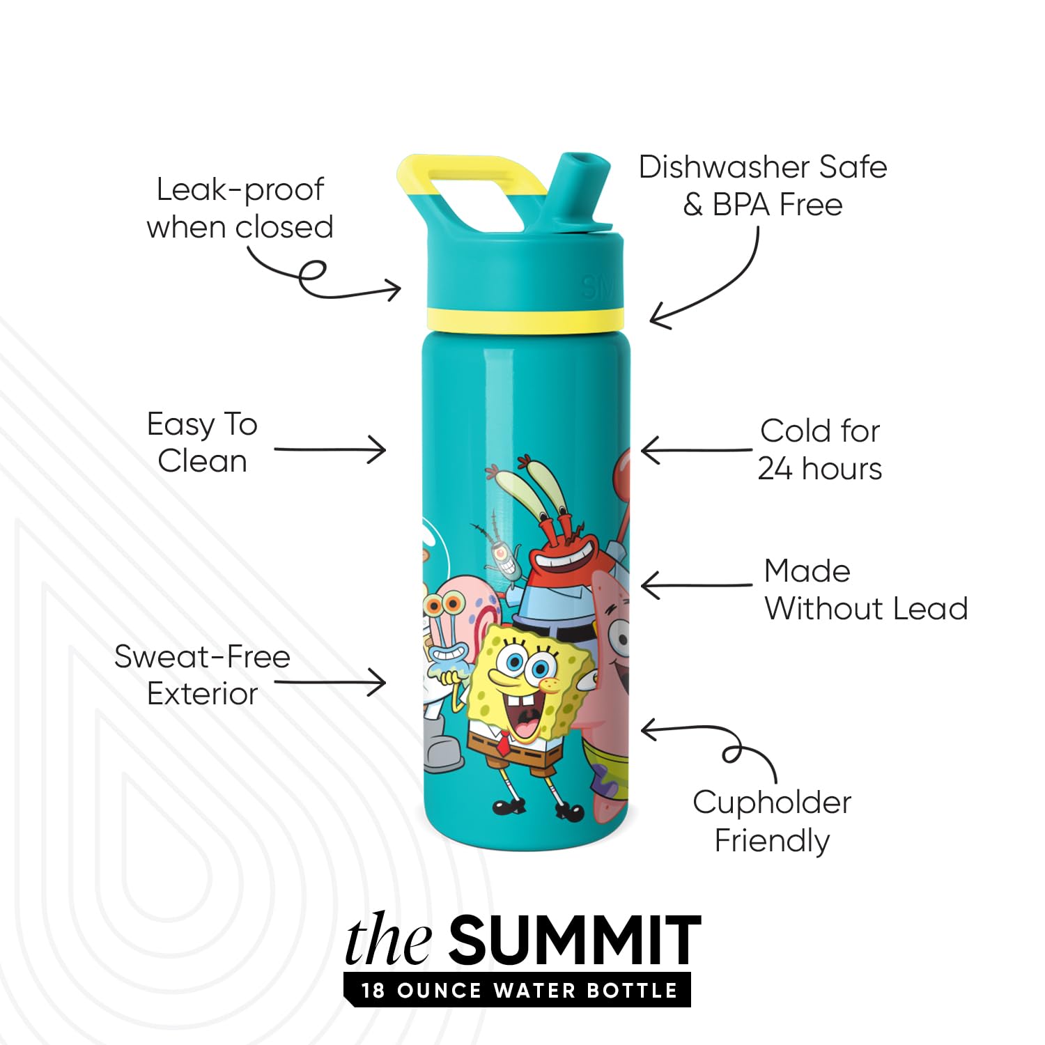 Simple Modern Kids Summit Water Bottle with Straw Lid | SpongeBob 18oz Stainless Steel Cup Insulated Tumbler for Boys, Girls, Sc