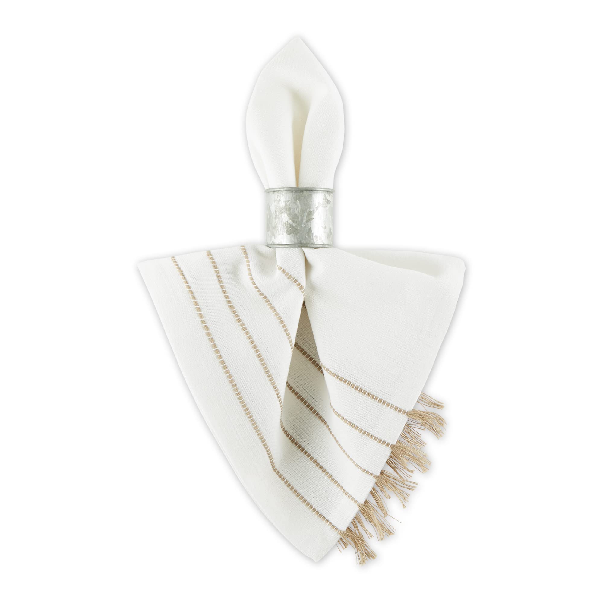 WHITE/STONE STRIPE TASSEL NAPKIN SET/4