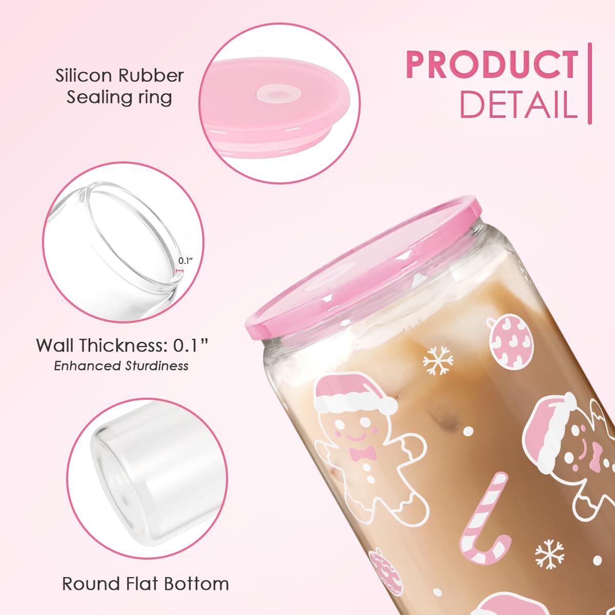 Christmas Gingerbread 16oz Can Glass Tumbler with Acrylic Lid & Straw, Iced Coffee Cup for Women Girls, Aesthetic Cups Gifts for