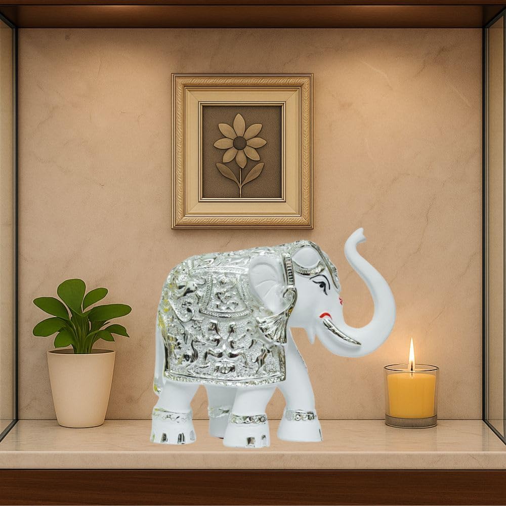 Aarya24Kt Elephant - White Silver (Trunk) Up - Medium | Silver Plated Vastu Decorative Showpiece | Good Luck Gift For Home, Offi