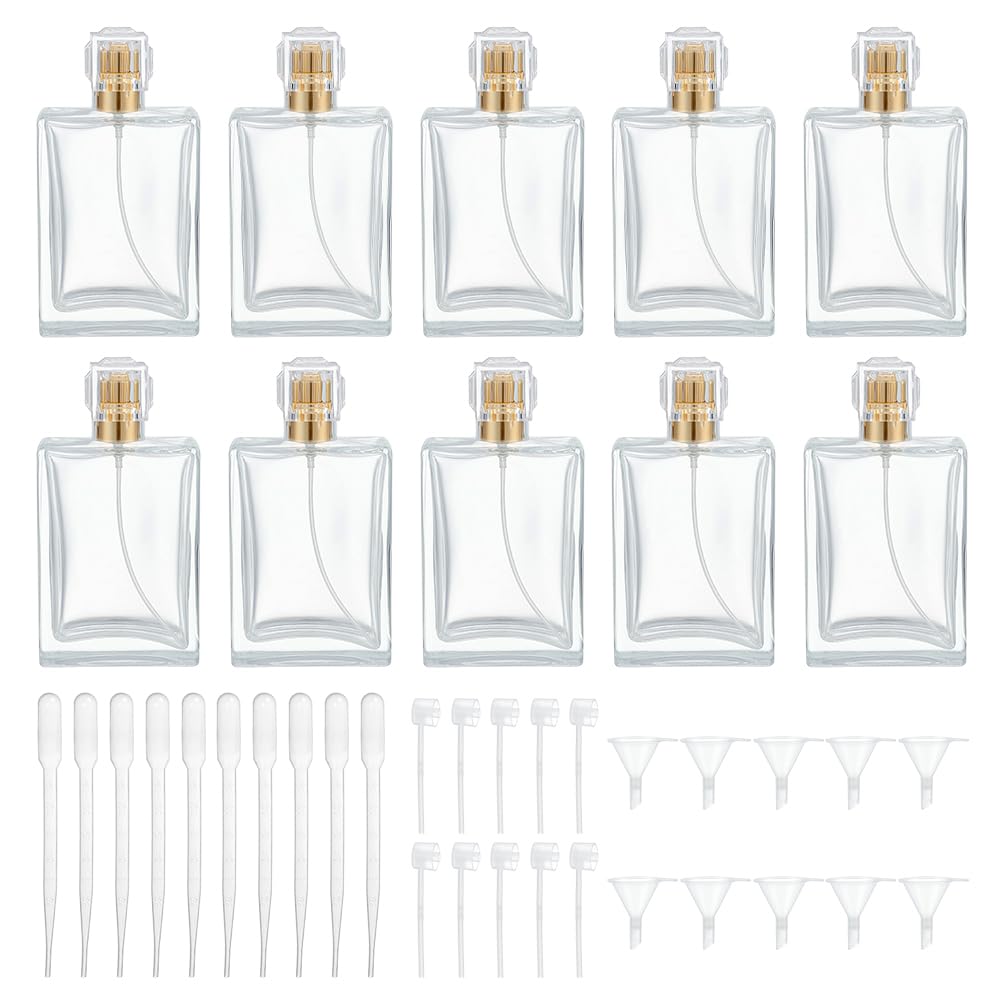 WEBEEDY 10 Pack Empty Perfume Bottles 100ml/3.5 oz Glass Refillable Spray Bottles with 3 Kinds Perfume Dispensers Including Drop
