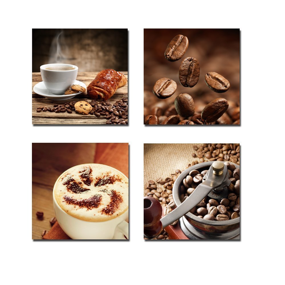 Wieco Art 4 Panels Coffee Bean Kitchen Canvas Wall Art Coffee Cup Canvas Prints Wall Decor Dining Room Canvas Art Contemporary P