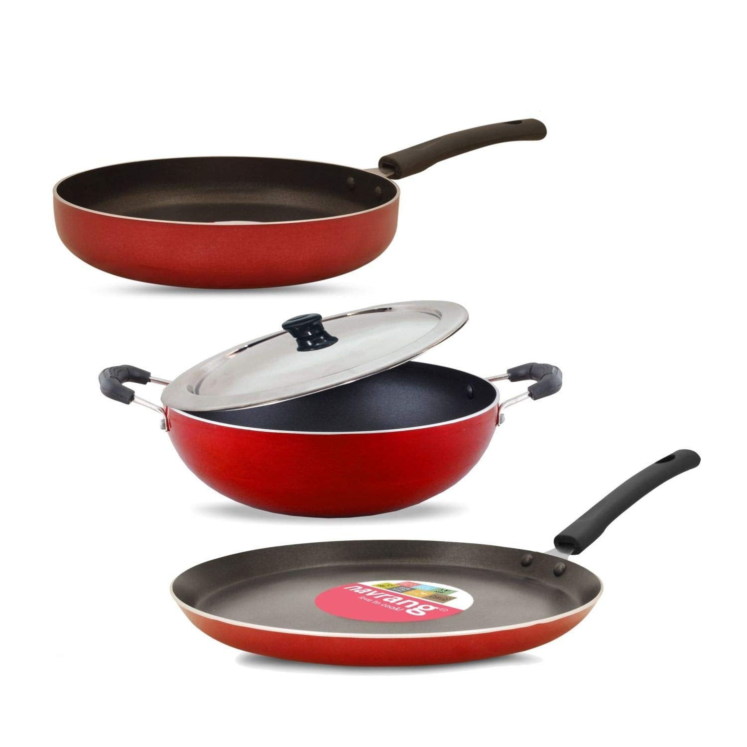 Navrang Non Stick Cookware Set Of 4 Pcs | Nonstick Aluminium Dosa Tawa 27.5Cm, Fry Pan 24Cm, Kadai 23Cm With Ss Lid | Induction 