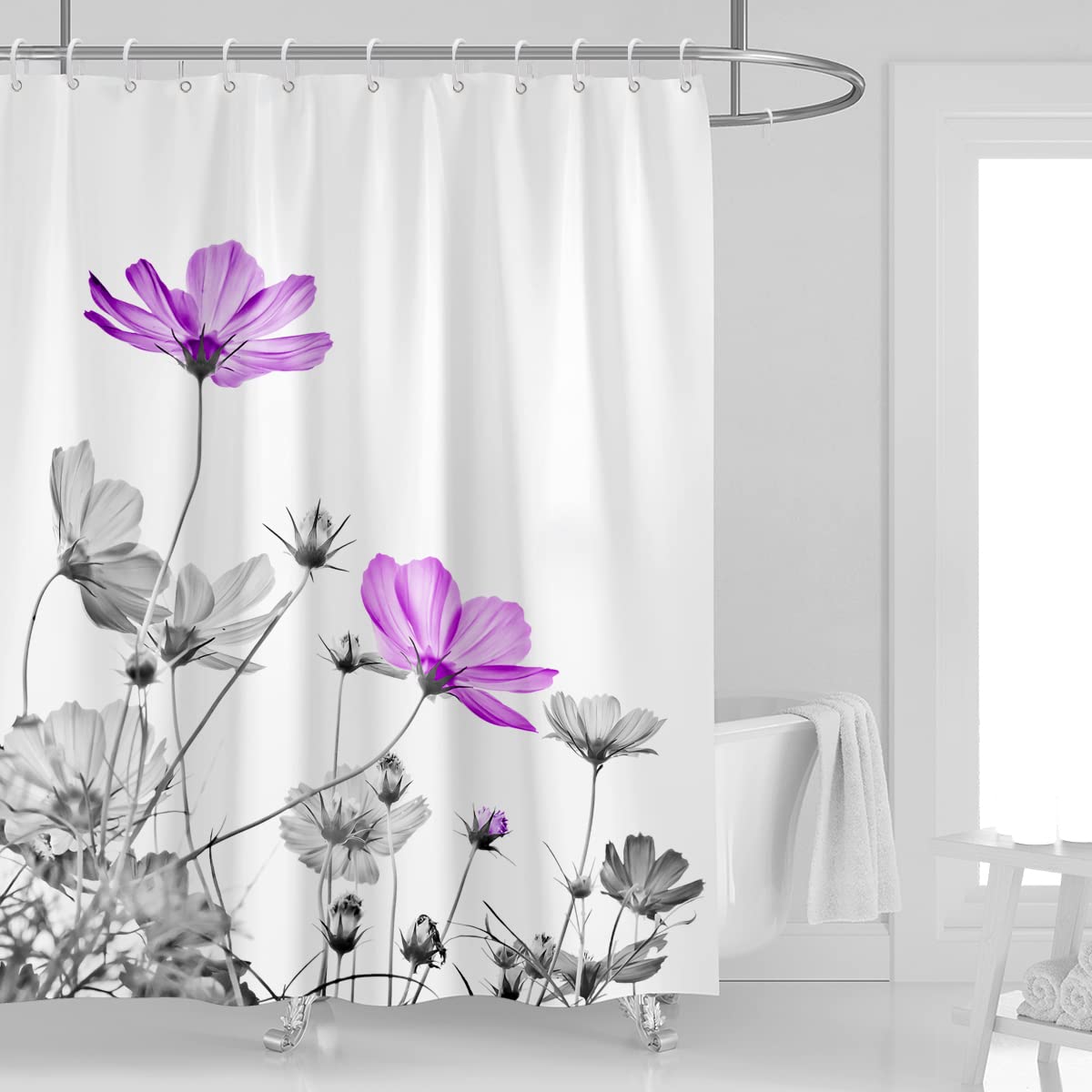Kikiry Purple Flower Shower Curtain 60''W X 72''L Gray White Daisy Floral Ink Painting Grey Botanical Simple Elegance Bathroom C