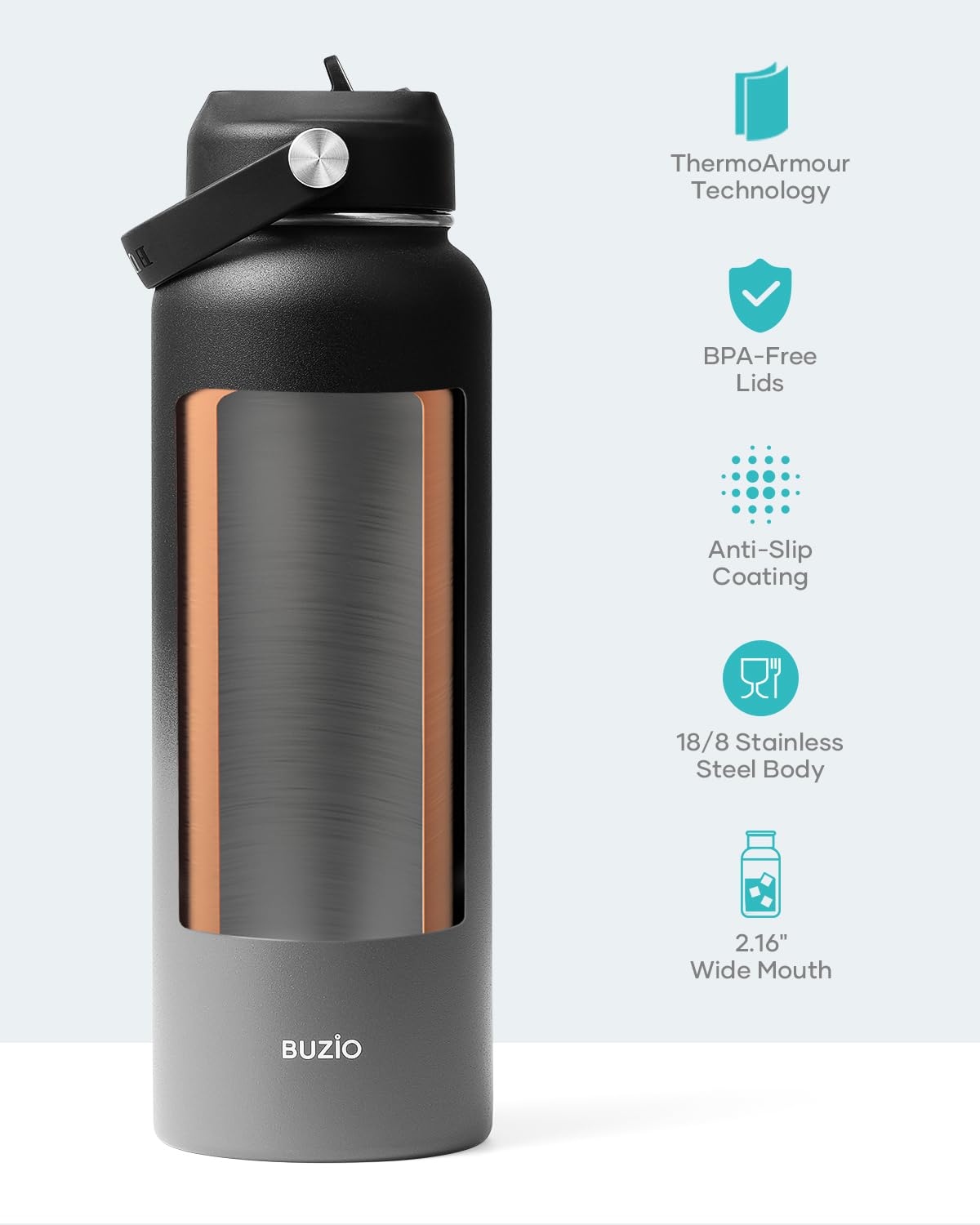 Buzio Insulated Water Bottle With Straw Lid And Flex Cap, 40Oz Modern Double Vacuum Stainless Steel Water Flask, Cold For 48 Hrs