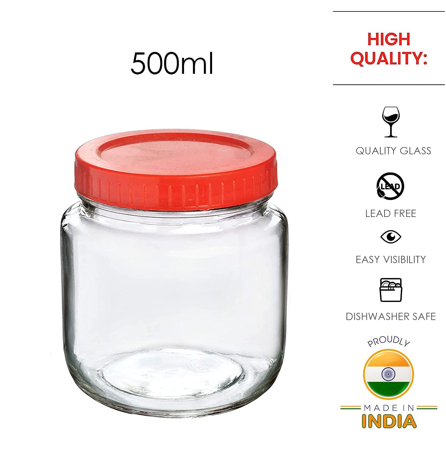Feelopie Aahar Jar with Red Lid for Lentils, Food, Pickles, Spices, Sweets, Snacks, Rice, Kitchen Storage (500ml, Set Of 4)