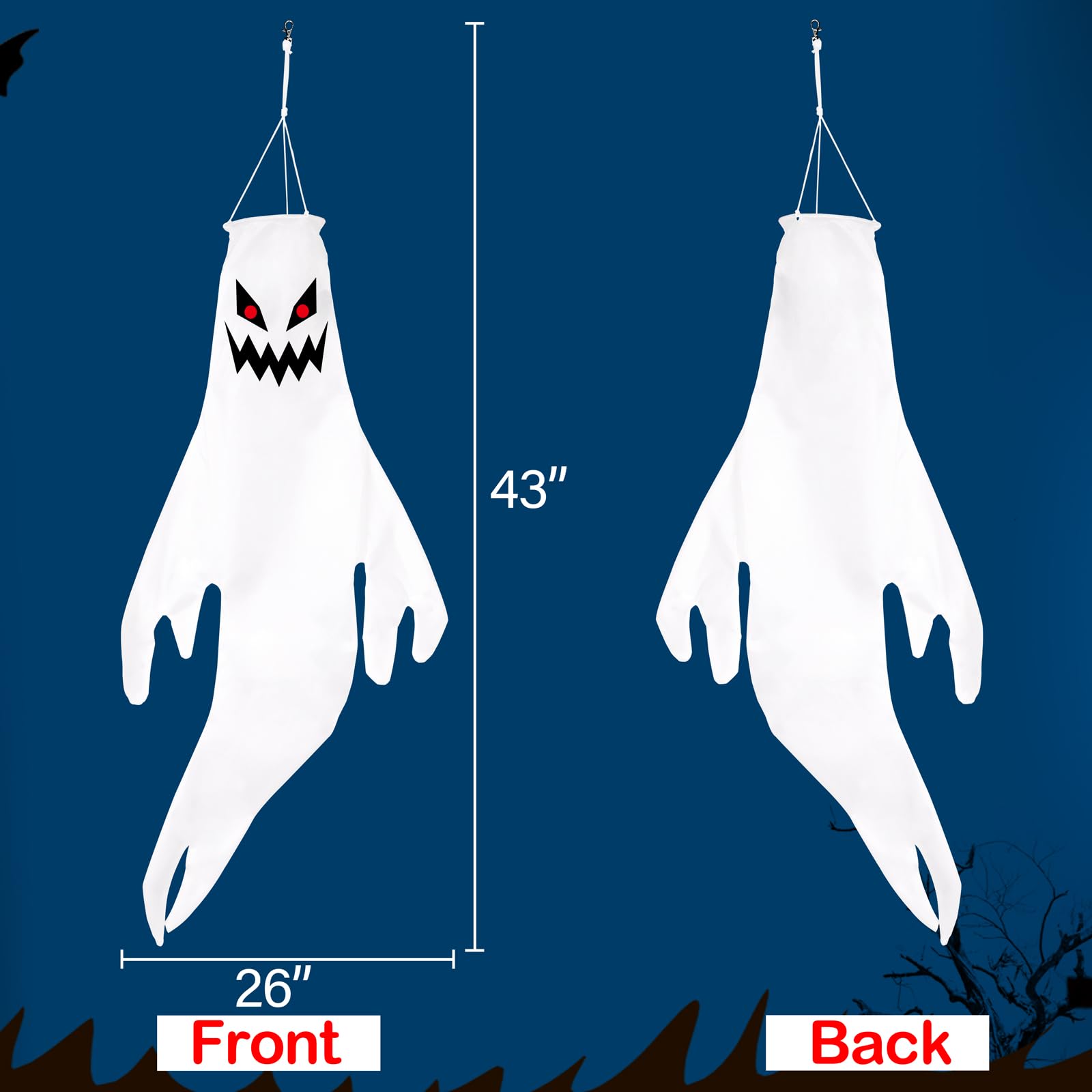 Geefuun 4PCS Warm Light Halloween Fierce Ghost Windsocks Hanging Decorations - 43 Inch Flag Wind Socks for Home Yard Outdoor Dec