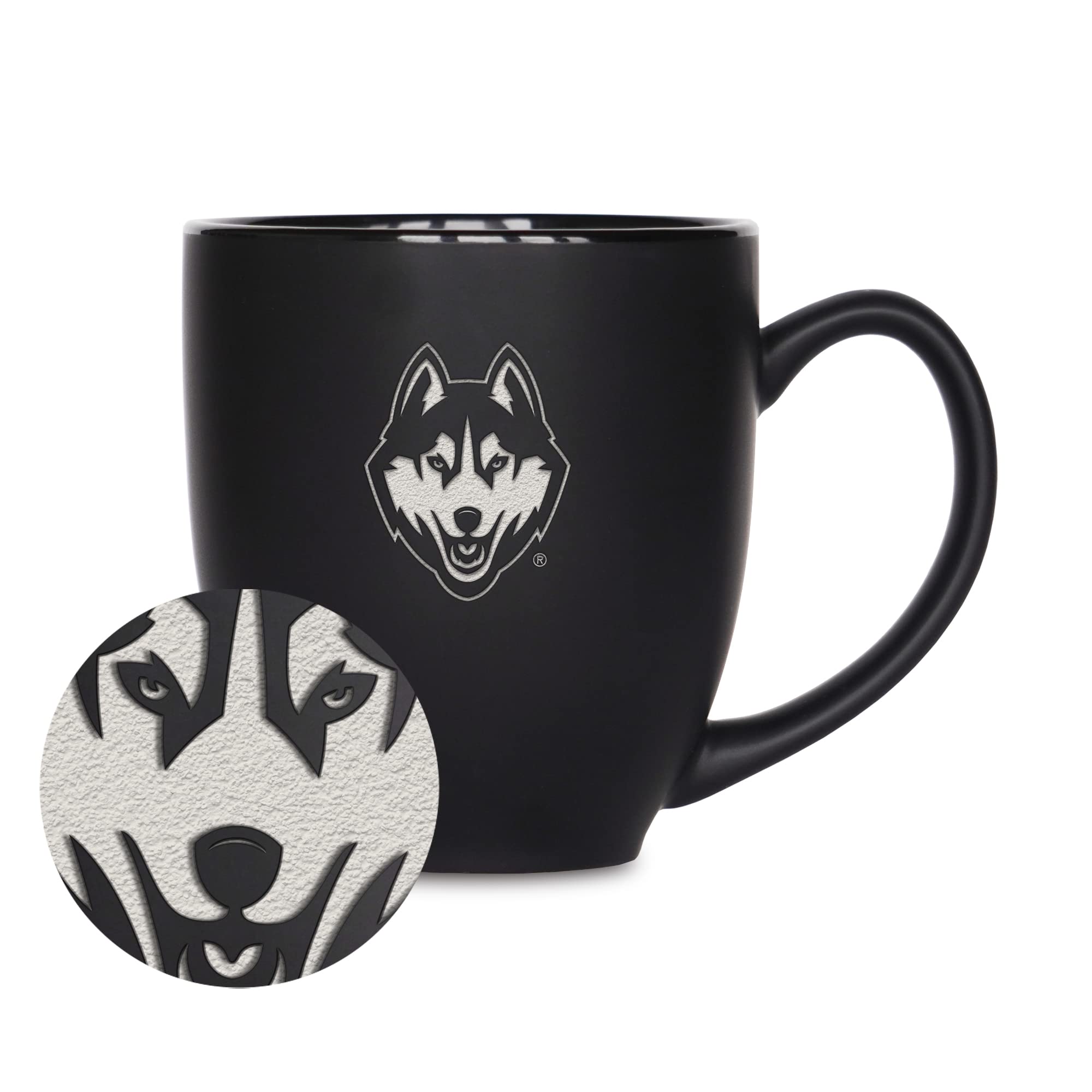 Rico Industries NCAA Connecticut Huskies - UCONN Main 15oz Laser Engraved Matte Black Ceramic Bistro Mug - For Hot or Cold Drink