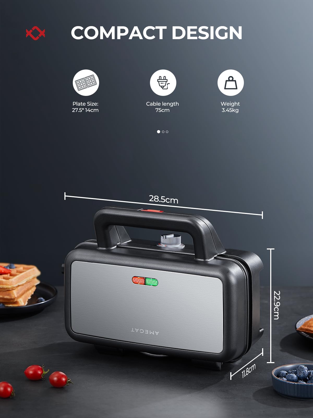 Amegat 3 In 1 Sandwich Maker, Waffle Maker With Removables Plates, Panini Press Waffle Iron Set With 5-Gear Temperature Control,