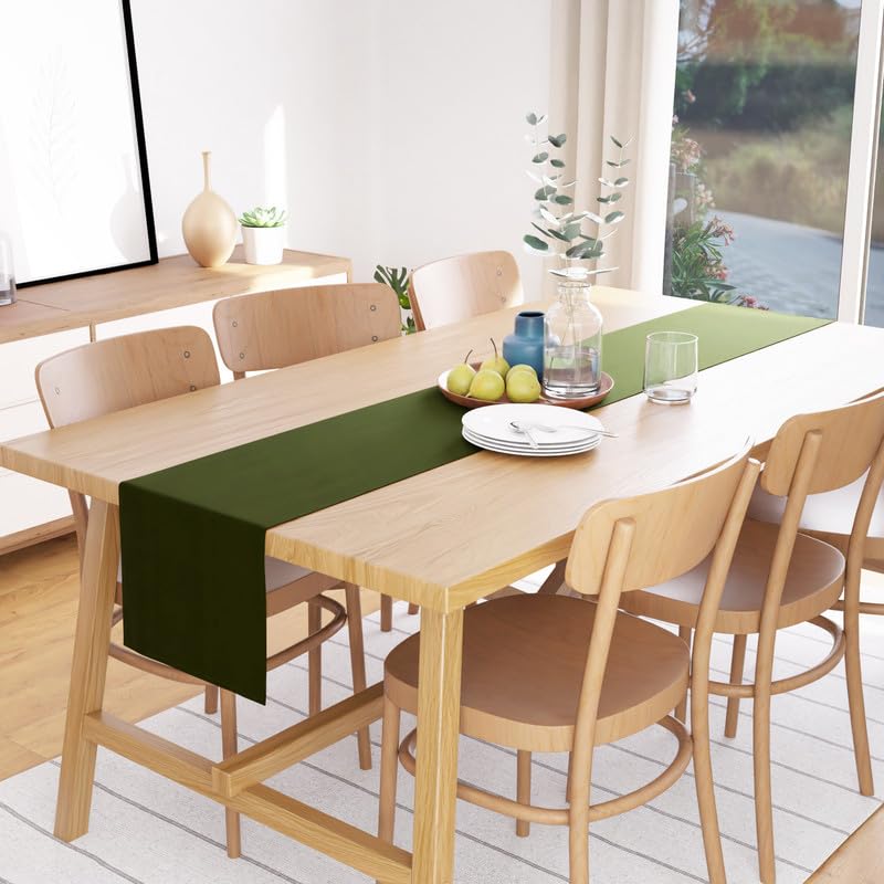 Encasa Table Runner 13X104 In Long | Cotton Canvas Fabric | Leaf Green Solid Color | Machine Washable & Durable