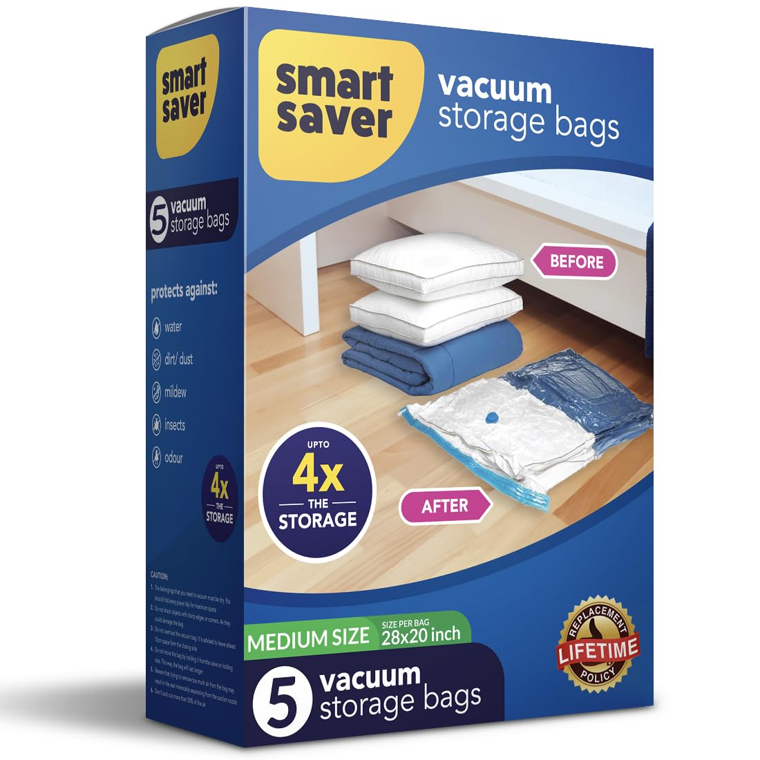 Smart Saver Pa,Pe 5 Pack (No Handpump Included) Medium Size Reusable Ziplock Vacuum Storage Space Saver Bags For Clothes, Blanke