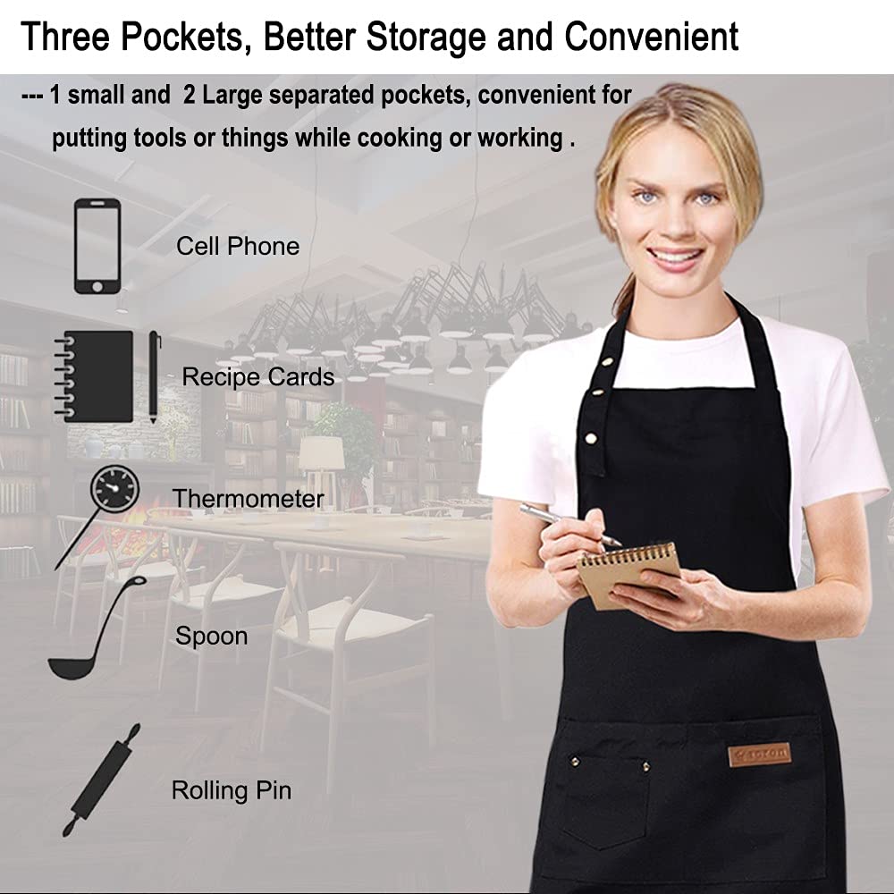 Yiujefda Black Aprons For Women Men With Pockets Adjustable Straps Waterproof Cute Canvas Kitchen Cooking Apron For Chef Waitres