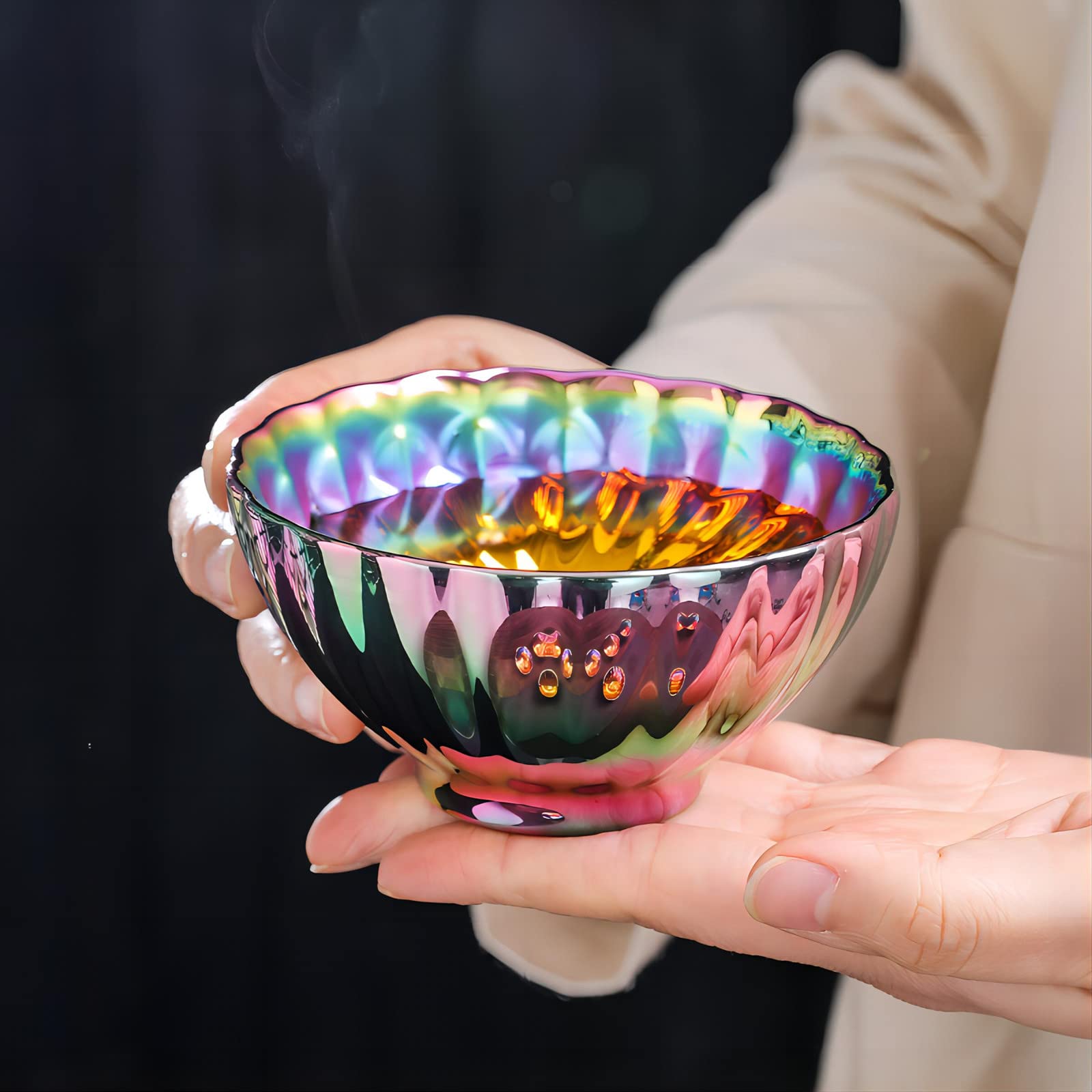 Golden Tenmoku Lotus Tea Cup, Colorful Chinese Jianzhan Kungfu Tea Cup Glittering Personal Master Tea Cup, 5 Oz