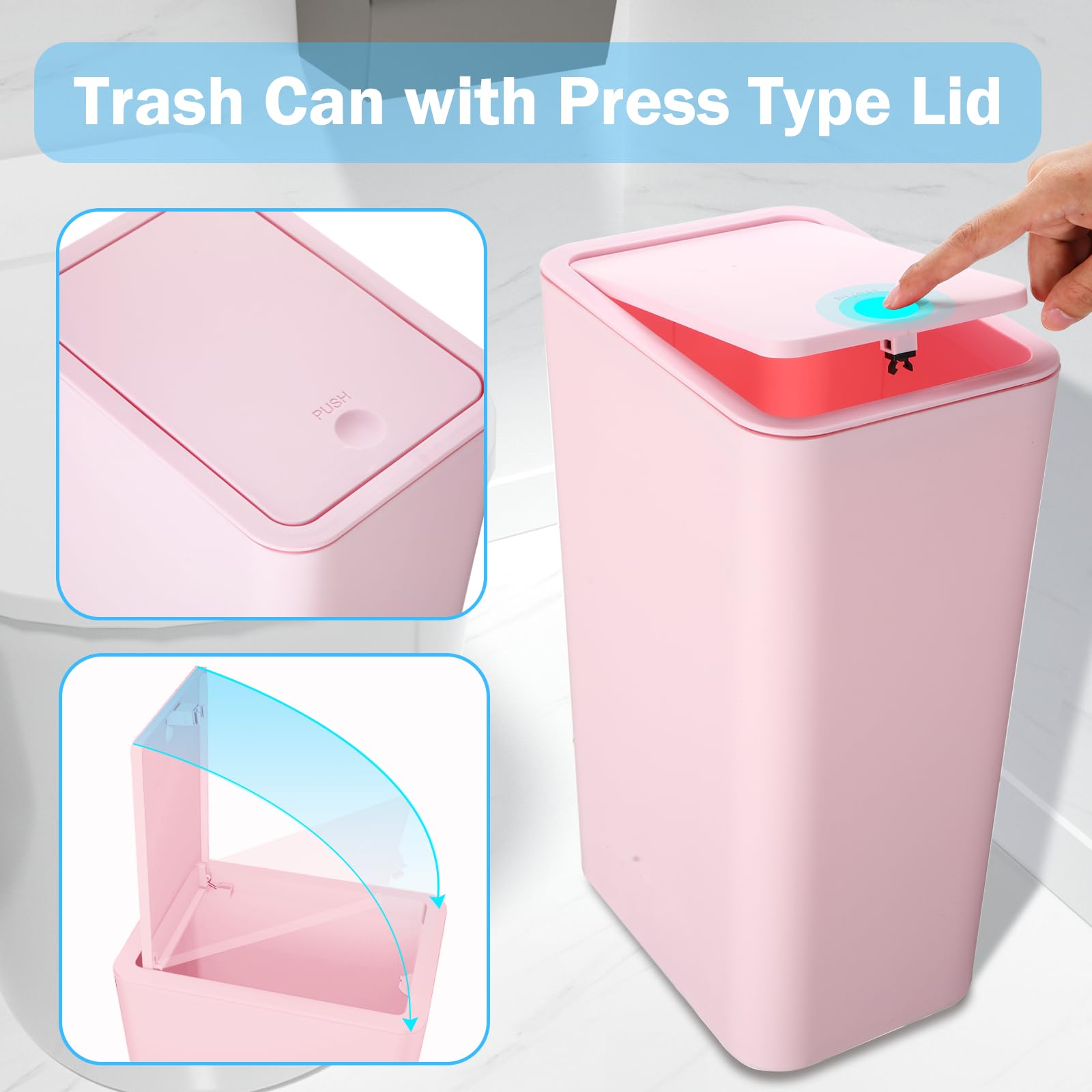 SHPMXUPW 3 Pack Bathroom Small Trash Can with Lid 10L / 2.6 Gallon Slim Garbage Bin Wastebasket with Pop-Up Lid for Bedroom  Office  Kitchen  Craft Room  Fits Under Desk/Cabinet/Sink