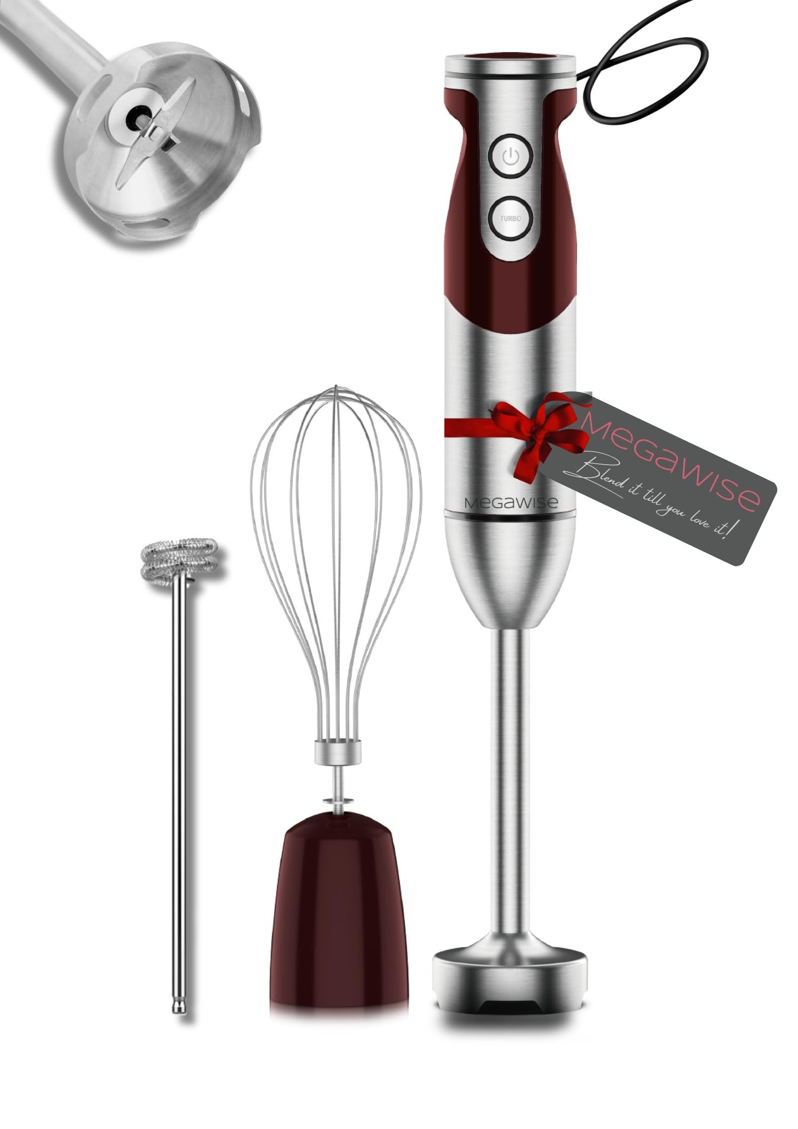 MegaWise Pro Titanium Reinforced 3-in-1 Immersion Hand Blender  Powerful MOTOR with 80% Sharper Blades  12-Speed Corded Blender  IncludingWhisk and Milk Frother (3-in 1 Red)