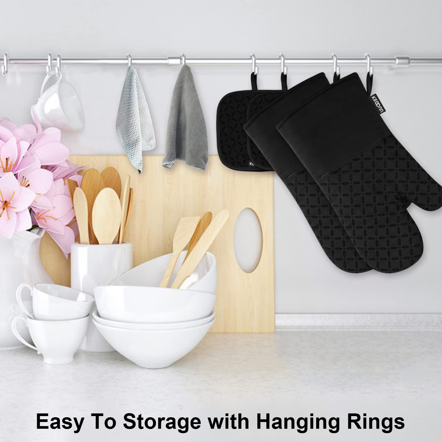 Kegouu Oven Mitts And Pot Holders 6Pcs Set, Kitchen Oven Glove High Heat Resistant 500 Degree Extra Long Oven Mitts And Potholde
