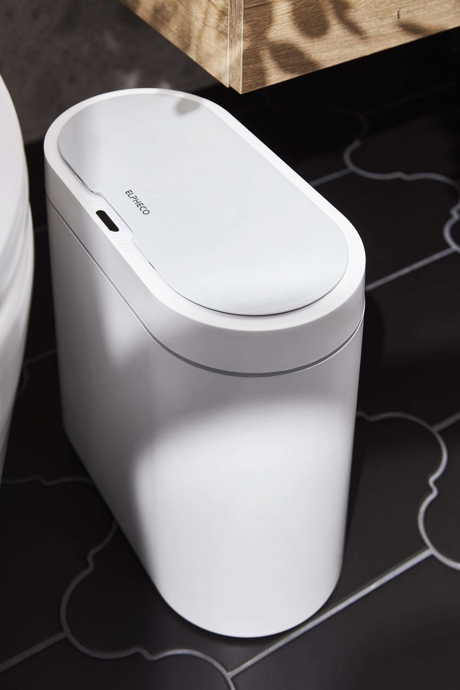 ELPHEcO Bathroom Trash can  25 gallon Waterproof Motion Sensor Small Trash can with Lids  95 Liters Slim Plastic Narrow Automatic Bedroom Trash can Office Trash can  White