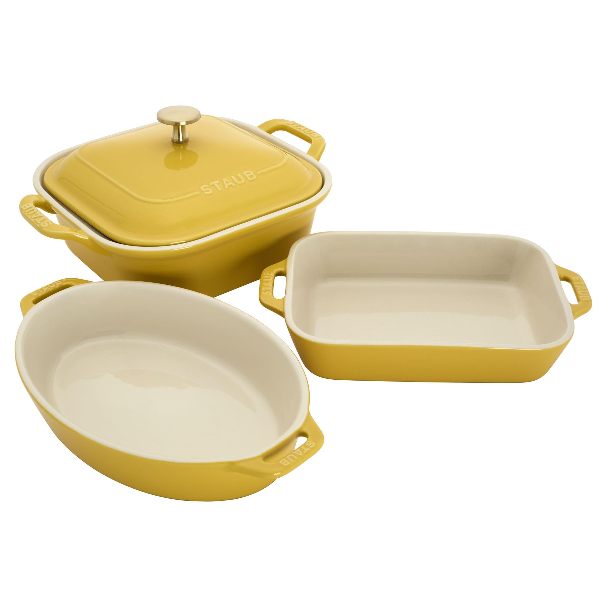 Staub Ceramic 4pc Baking Pans Set, Casserole Dish with Lid, Brownie Pan, Citron