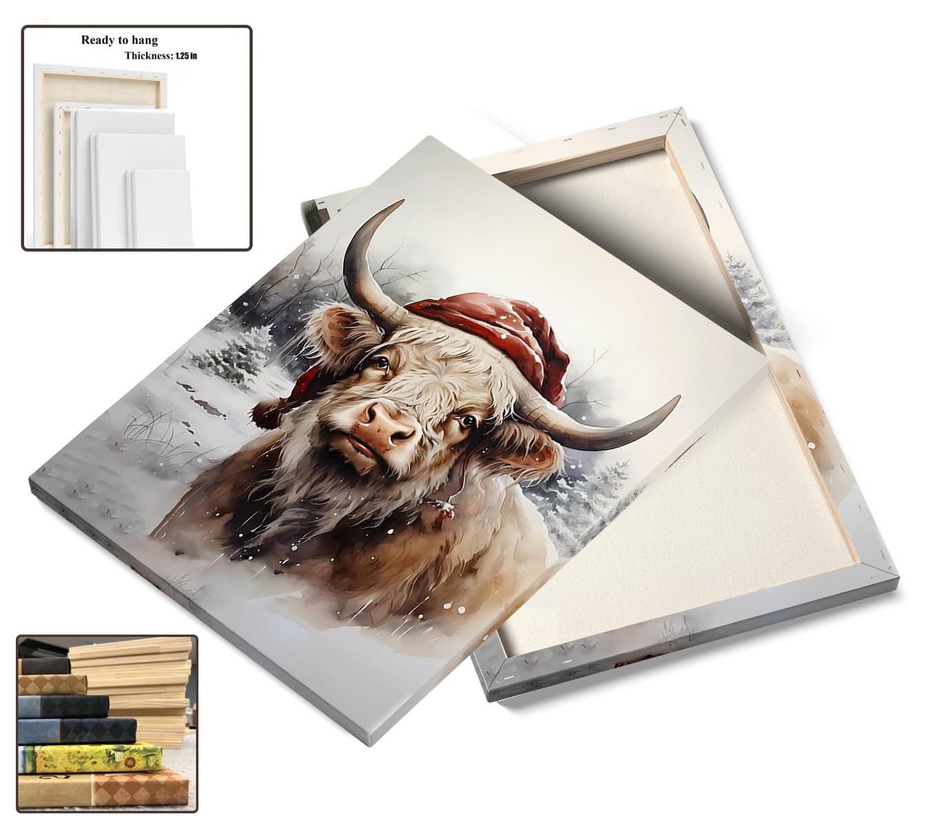 Merry Christmas Cow Canvas Wall Art Highland Cow Canvas Wall Decor Holly Farmhouse House Canvas Poster Decor Xmas Holiday Decora