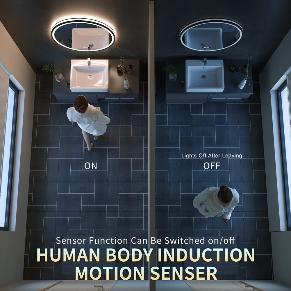 Ganpe Led Sensor Mirror, Round Human Body Induction, Black Framed Vanity Mirror, Illuminated Dimmable Anti Fog Ip44 Waterproof W