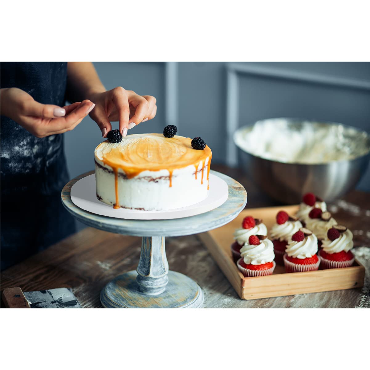 White Cake Drums Round 10 Inch Cake Boards With 12-Inch Thick Smooth Edges For Multi Tiered Birthday Wedding Party Cakes Drum Bo