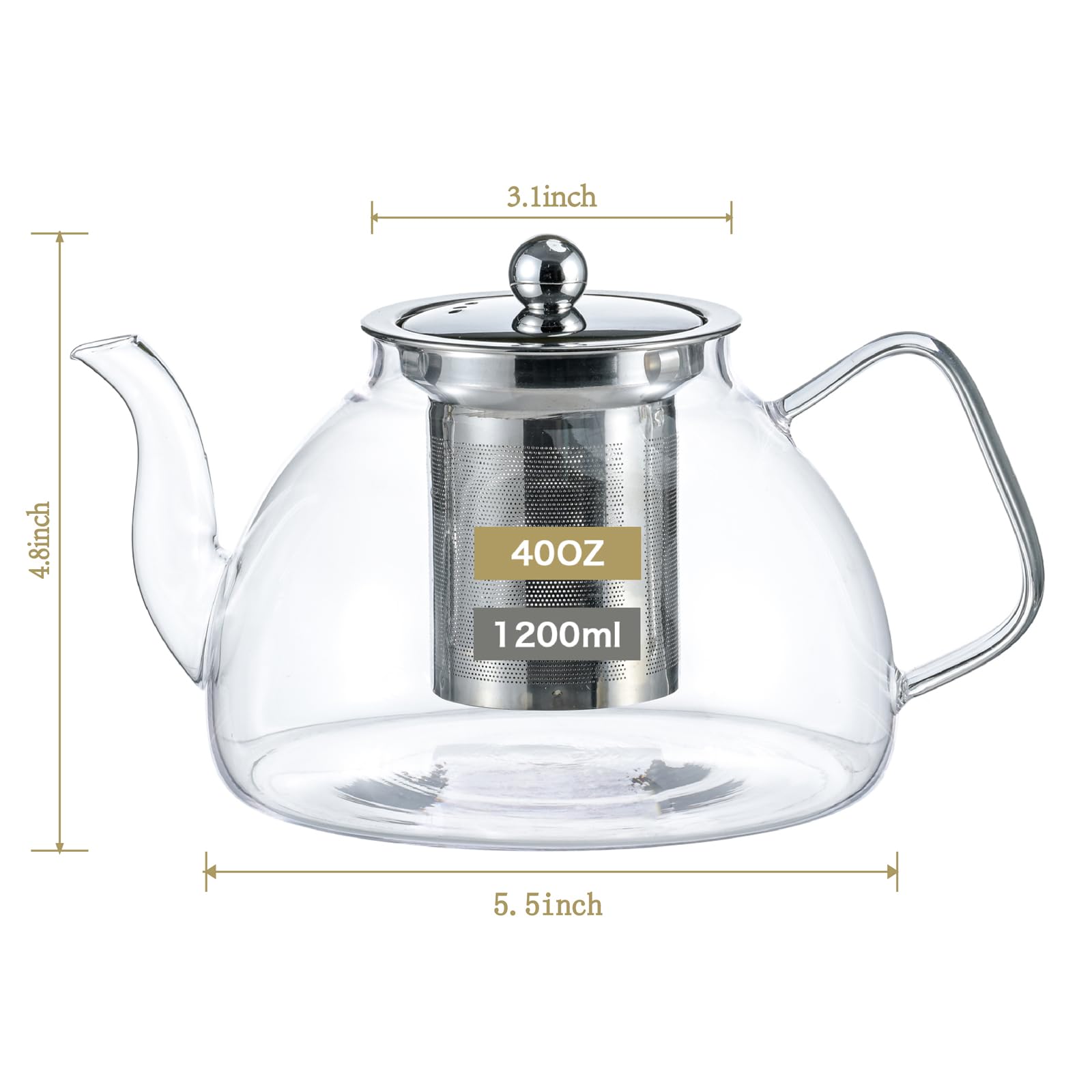 Wlasss 1200 ml/40 oz Glass Teapot with Infuser, Glass Tea Kettle Stovetop,Tea Pot with Infusers for Loose Tea, Tea Maker Gift