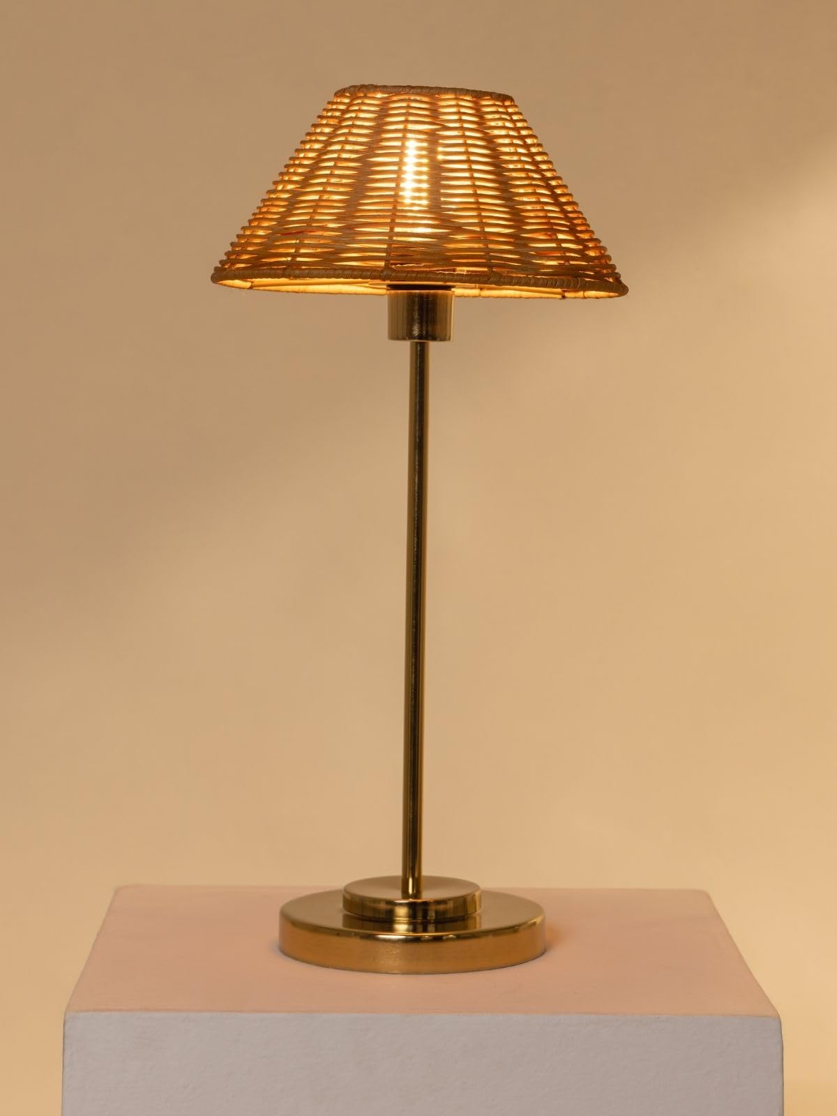 Fig Living Rattan Cane Table Lamp | 53Cm Tall Natural Rattan Lampshade With Metal Base | 2.5M Cable | Modern And Minimalist Desi