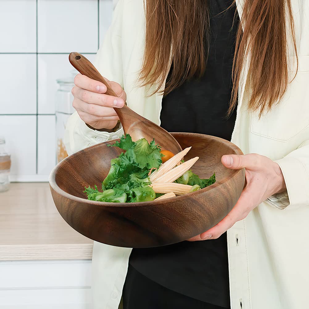 Aoosy Wooden Salad Bowls, Large Acacia Wood Salad Serving Bowl With Serving Tongs, 9.3'' D X 2.8'' H Round Bowls Set For Mixing