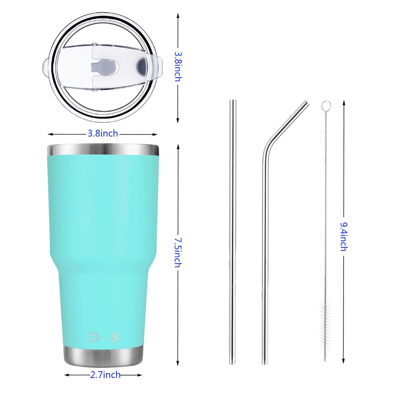 DS 30oz Mint Tumbler Stainless Steel Double Wall Vacuum Insulated Mug with Straw and Lid, Cleaning Brush for Cold and Hot Bevera