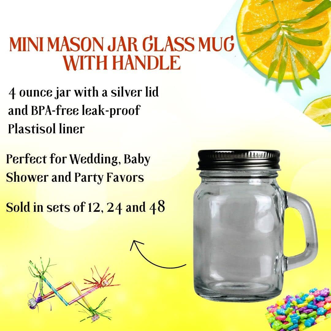 Mini Mason Jar 4 Ounce Mugs (Not Full Size) - Set Of 12 Miniature Glasses With Handles And Leak-Proof Lids - Great For Gifts, Dr